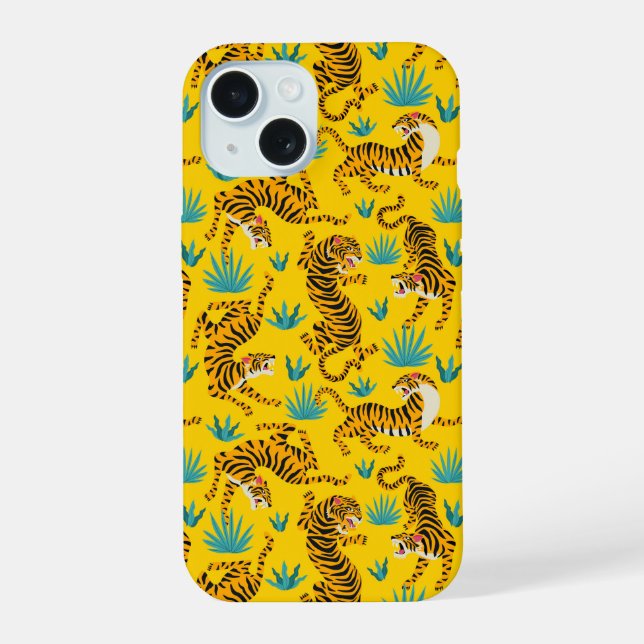 Gold Asian Tiger Pattern iPhone 15 Case (Back)