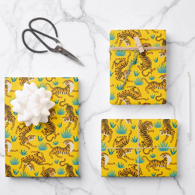 Gold Asian Tiger Pattern Wrapping Paper Sheet (Front)