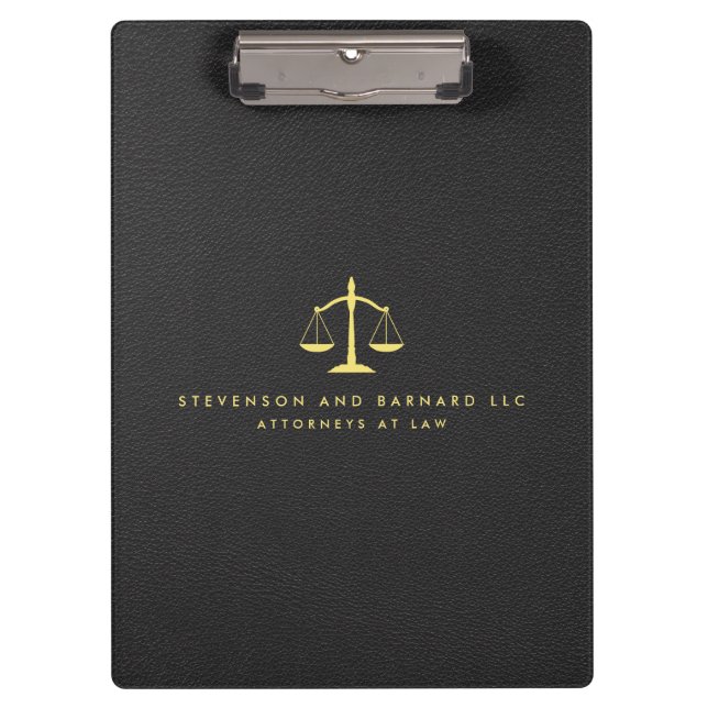 Gold Attorney Justice Scale Logo Black Leather Clipboard (Front)