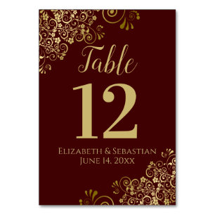 Gold & Auburn Brown Elegant Frilly Wedding Table Number