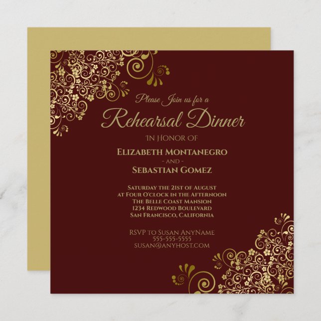 Gold & Auburn Wedding Rehearsal Dinner Square Invitation (Front/Back)