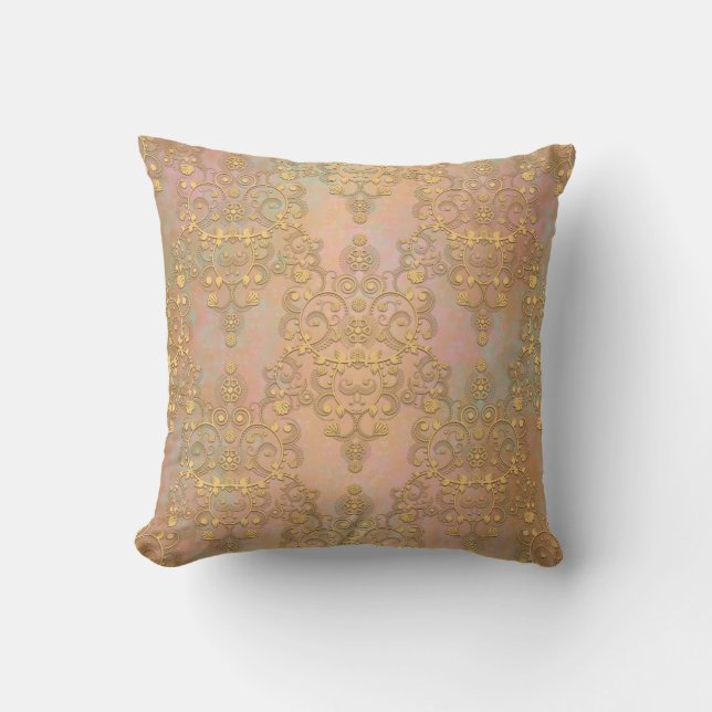 Gold Aurora Fancy Antique Lace Damask Cushion (Front)