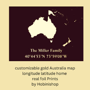 gold Australia map longitude latitude home real Foil Prints