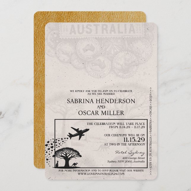 Gold Australia Passport Wedding Invitation (Front/Back)