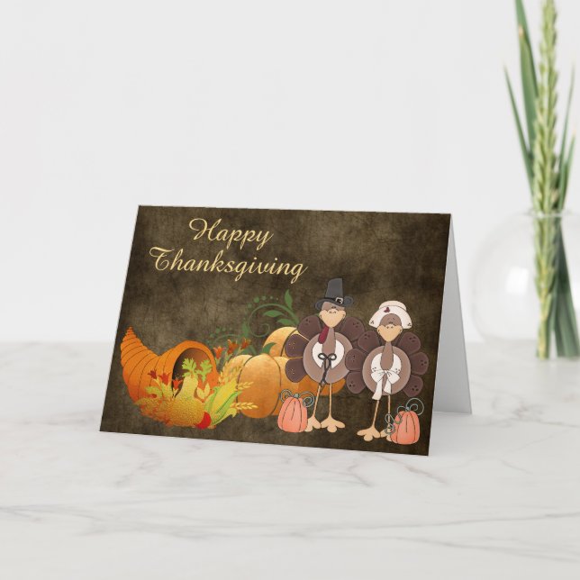 Gold Autumn Cute Turkey Couple Happy Thanksgiving Holiday Card (Front)