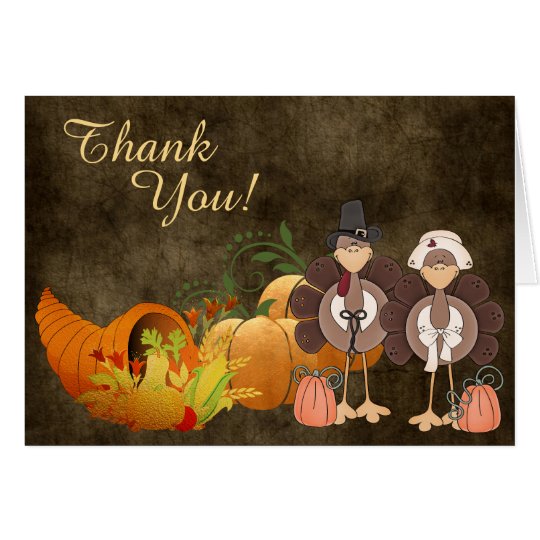 Gold Autumn Cute Turkey Couple Thank You Card