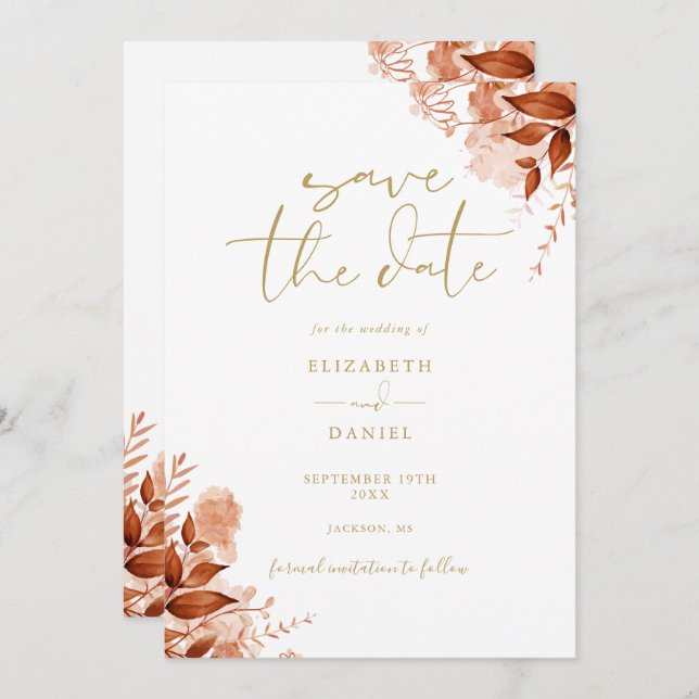 Gold Autumn Fall  Floral QR Code Wedding Save The Date (Front/Back)