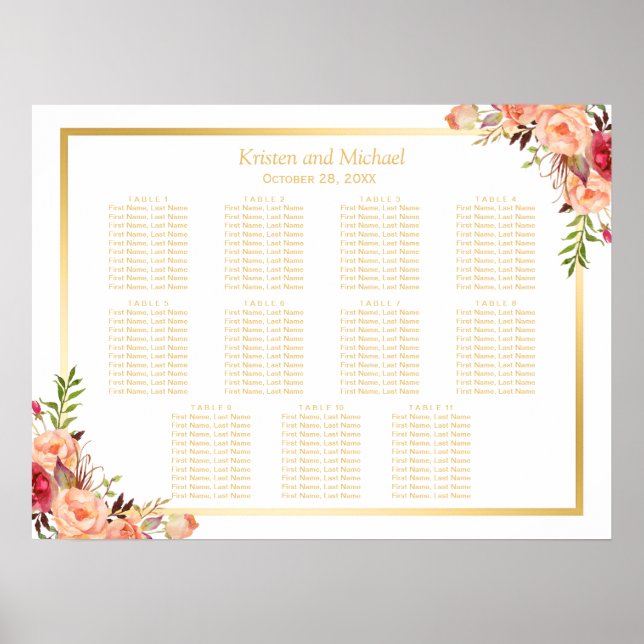 Gold Autumn Flowers Fall Wedding Seating Chart (Front)