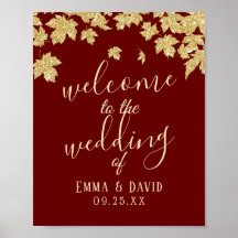 Gold Autumn Leaves Burgundy Red Fall Wedding Sign