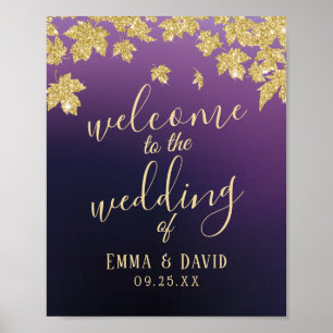 Gold Autumn Leaves Dark Purple Fall Wedding Sign