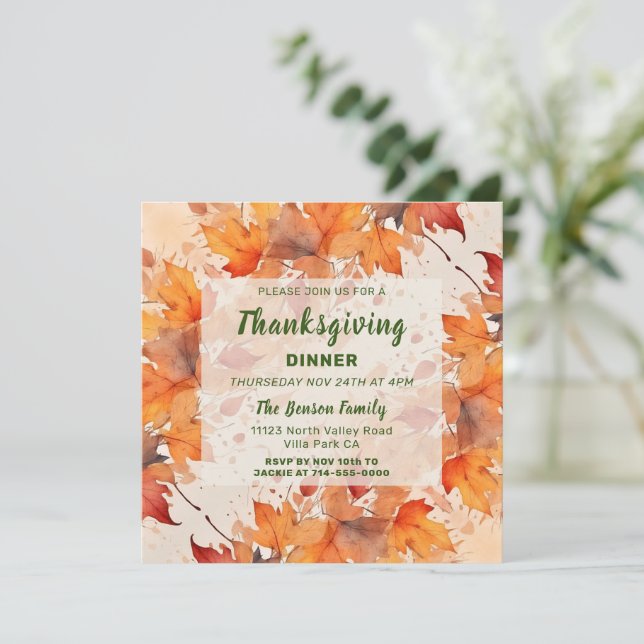 Gold Autumn Leaves Thanksgiving Dinner Invitation (Standing Front)