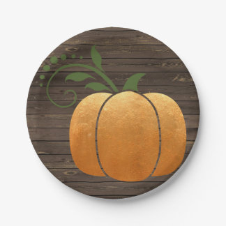 Gold Autumn Rustic Wood Pumpkin Paper Plate