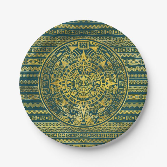 Gold  Aztec Inca Mayan Calendar Paper Plate (Front)