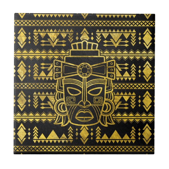 Gold  Aztec Inca Mayan Mask Tile (Front)