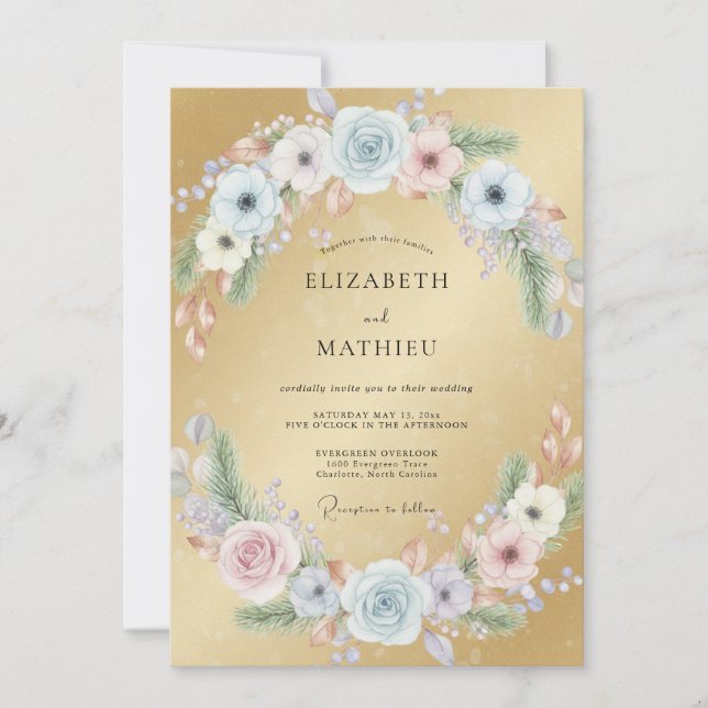 Gold Azure Ranunculus Eucalyptus Wedding Invitation (Front)