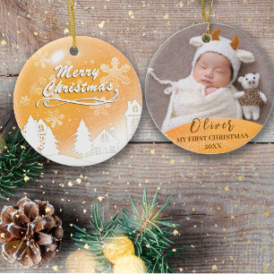 Gold Baby 1st Christmas Custom Photo  Ornament