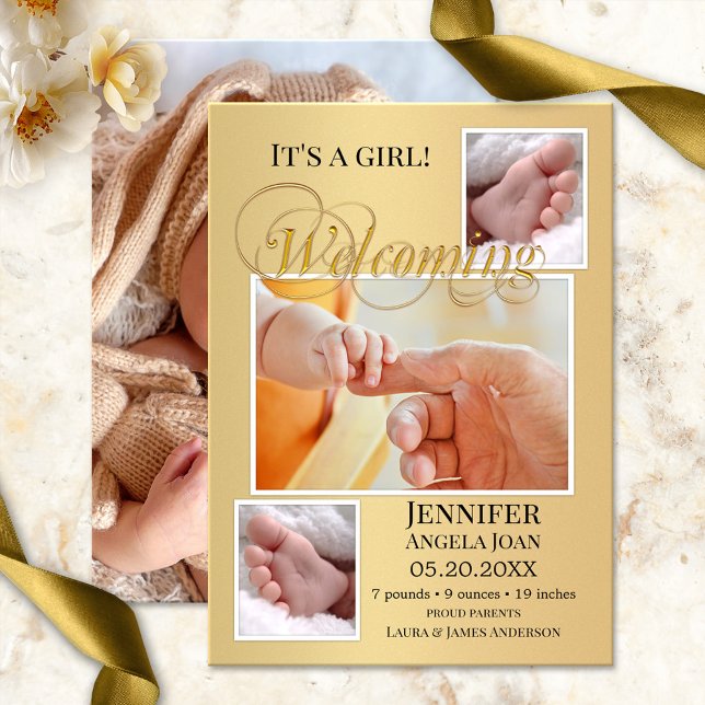 Gold Baby Birth Photos Announcement Card (Elegant birth announcement card with 4 of your baby and family photos framed by a modern gold design)