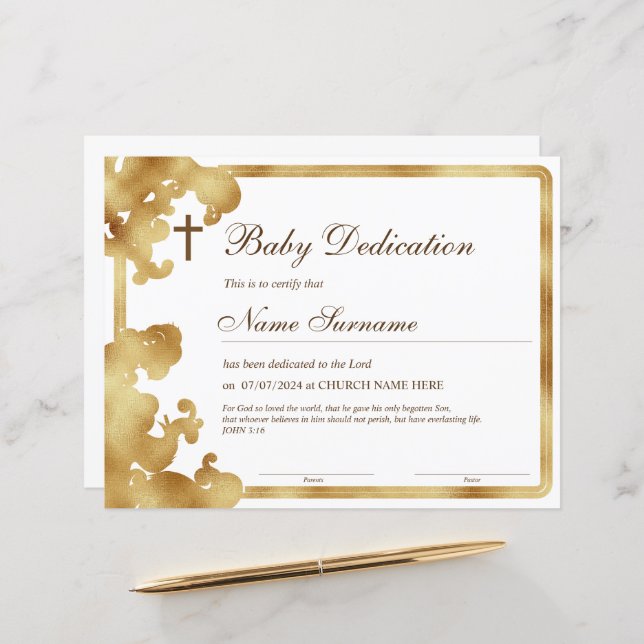 Gold Baby Dedication Certificate, Baptism (Front/Back In Situ)