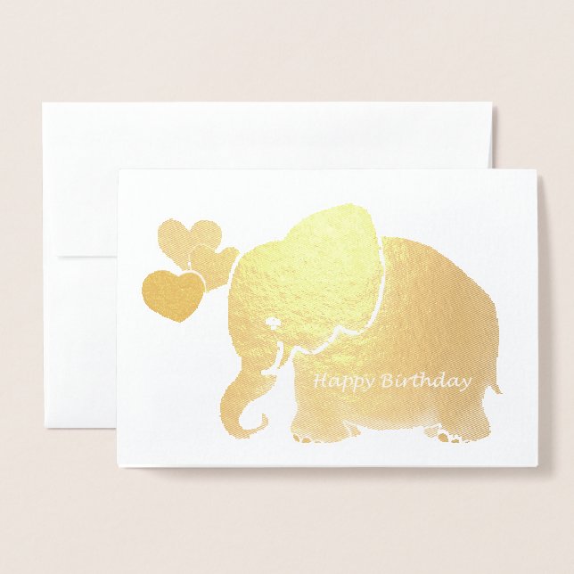 Gold Baby Elephant With Balloons Happy Birthday Foil Card (Front With Envelope)