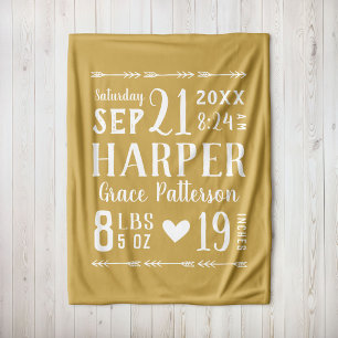 Gold Baby Girl Birth Stats Editable Colours Fleece Blanket