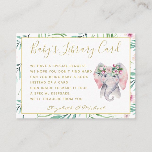 Gold Baby Library Book Request Elephant Floral Enclosure Card (Front)