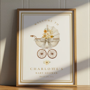 Gold Baby Shower Welcome Poster Vintage Pram