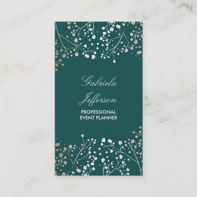 Gold Baby's Breath and Teal Colours Elegant Floral Business Card (Front)