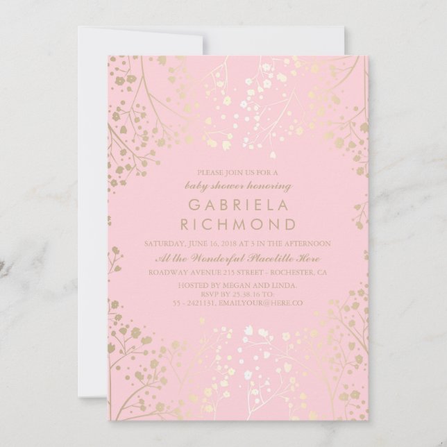 Gold Baby's Breath Elegant Pink Baby Shower Invitation (Front)