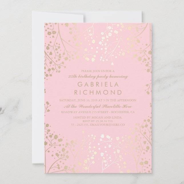 Gold Baby's Breath Elegant Pink Birthday Party Invitation (Front)