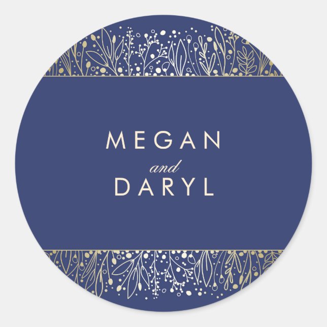 Gold Baby's Breath Filigree Navy Wedding Classic Round Sticker (Front)