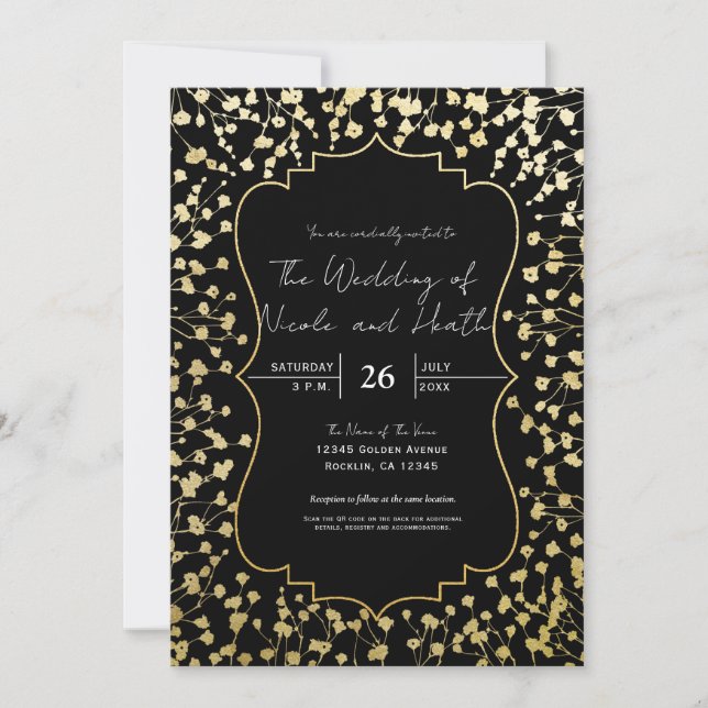 Gold Baby's Breath Floral Elegant Black Wedding Invitation (Front)
