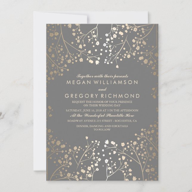 Gold Baby's Breath Floral Grey Wedding Invitation (Front)