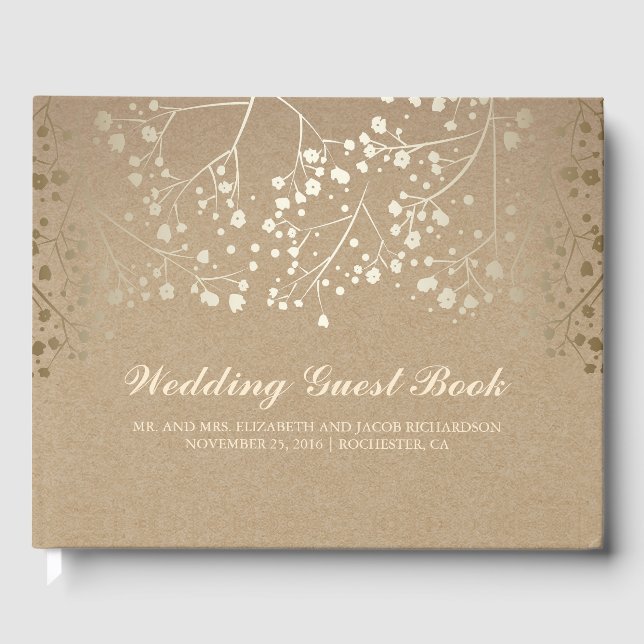 Gold Baby's Breath Floral Kraft Style Wedding Guest Book (Front)