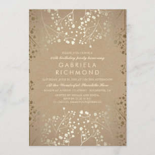 Gold Baby's Breath Kraft Birthday Party Invitation