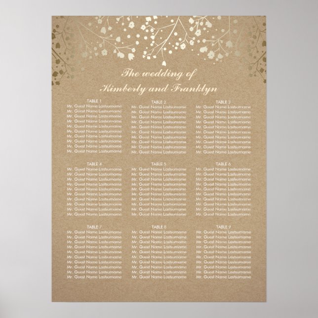 Gold Baby's Breath Kraft Wedding Seating Chart (Front)