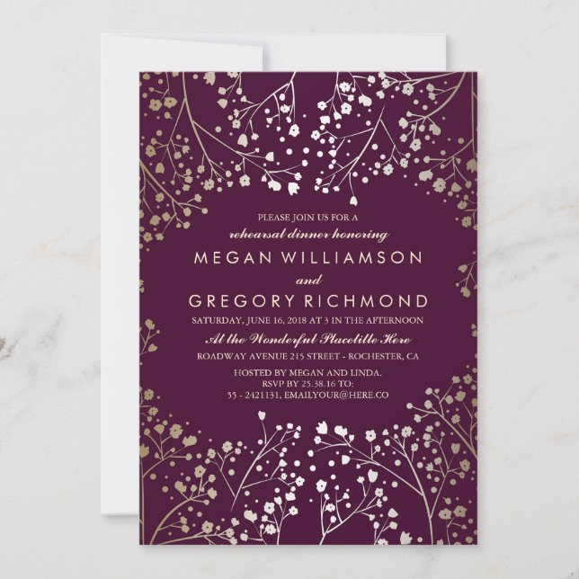 Gold Baby's Breath Plum and Gold Rehearsal Dinner Invitation (Front)