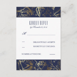 Gold Baby's Breath-Roses Navy Wedding RSVP Cards