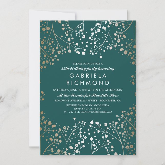 Gold Baby's Breath Teal Elegant Birthday Party Invitation (Front)