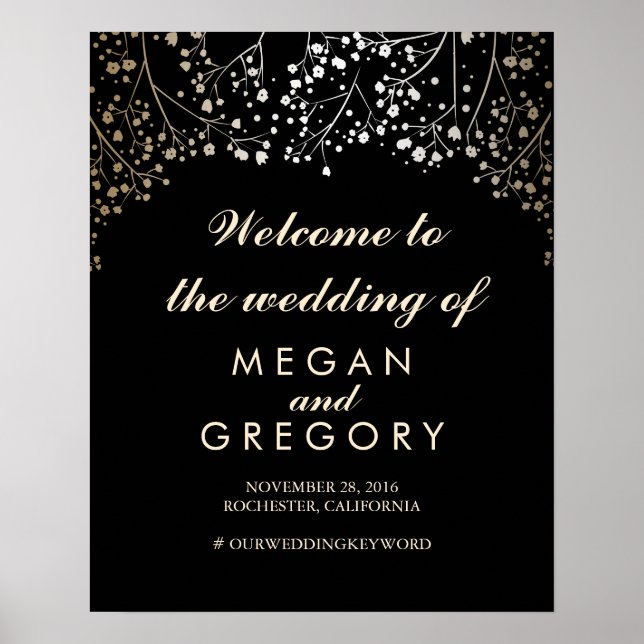 Gold Baby's Breath Wedding Welcome Sign Black (Front)