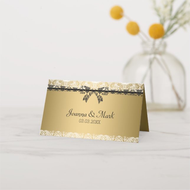 Gold Background And White Lace Place Card (Back)