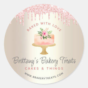 Gold Baked With Love Cake Blush Pink Glitter Drips Classic Round Sticker