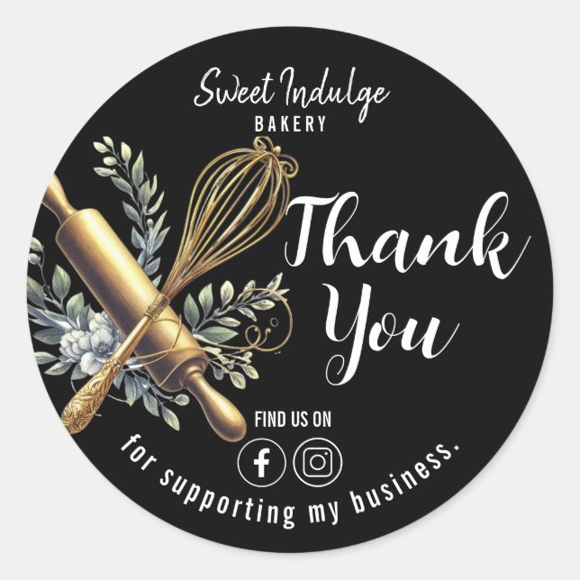 Gold Baking Utensils Thank You Black Classic Round Sticker (Front)