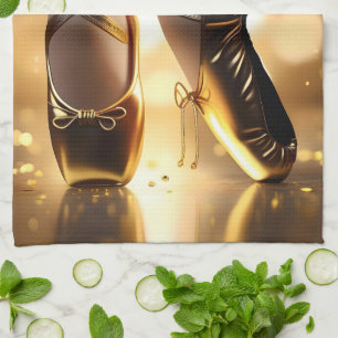 Gold Ballerina Pointe Shoes, Tea Towel