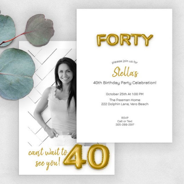 Gold Balloon 40th Birthday Photo Invite (Creator Uploaded)