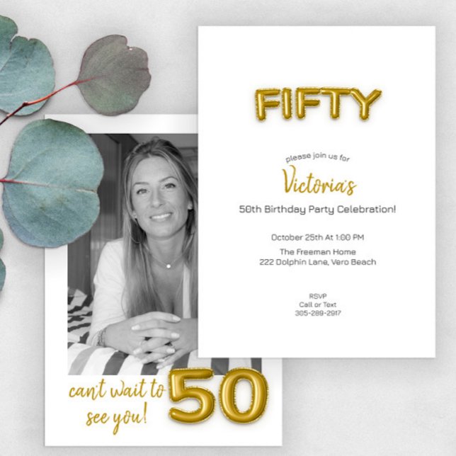 Gold Balloon 50th Birthday Photo Invite (Creator Uploaded)