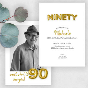 Gold Balloon 90th Birthday Photo Invite