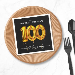 Gold Balloon Black 100th Birthday Party Napkin