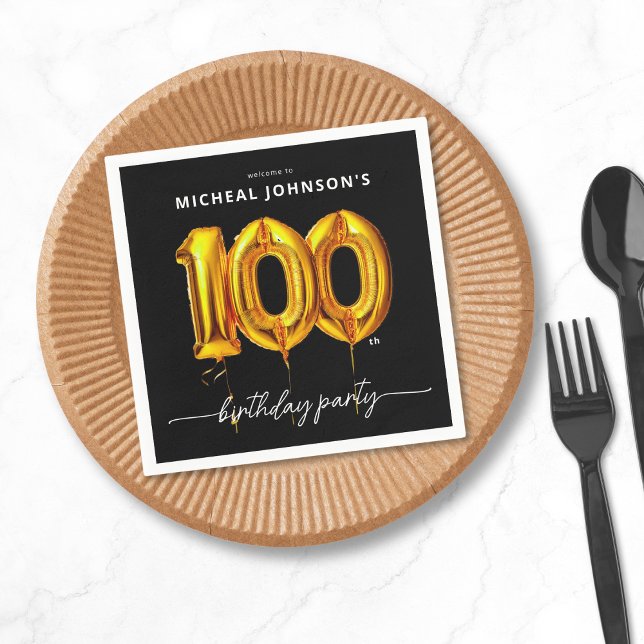 Gold Balloon Black 100th Birthday Party Napkin (Gold Balloon Black 100th Birthday Party Napkins)