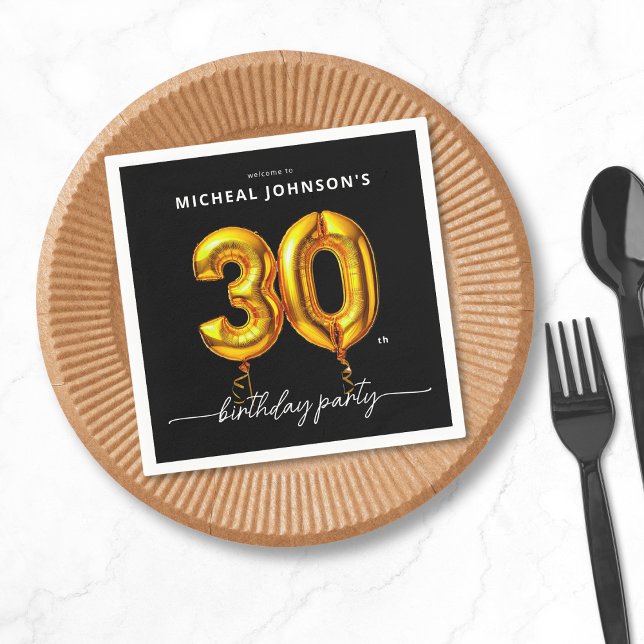 Gold Balloon Black 30th Birthday Party Napkin (Gold Balloon Black 30th Birthday Party Napkins)