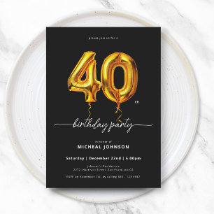 Gold Balloon Black 40th Birthday Invitation